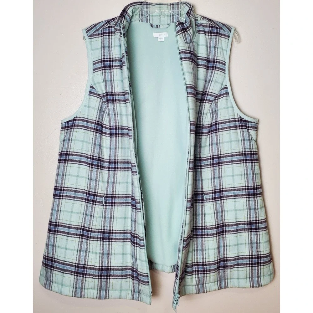 J Jill Women's XL‎ Plaid Flannel Fleece Lined Long Vest Full Zip Pastel Spring
